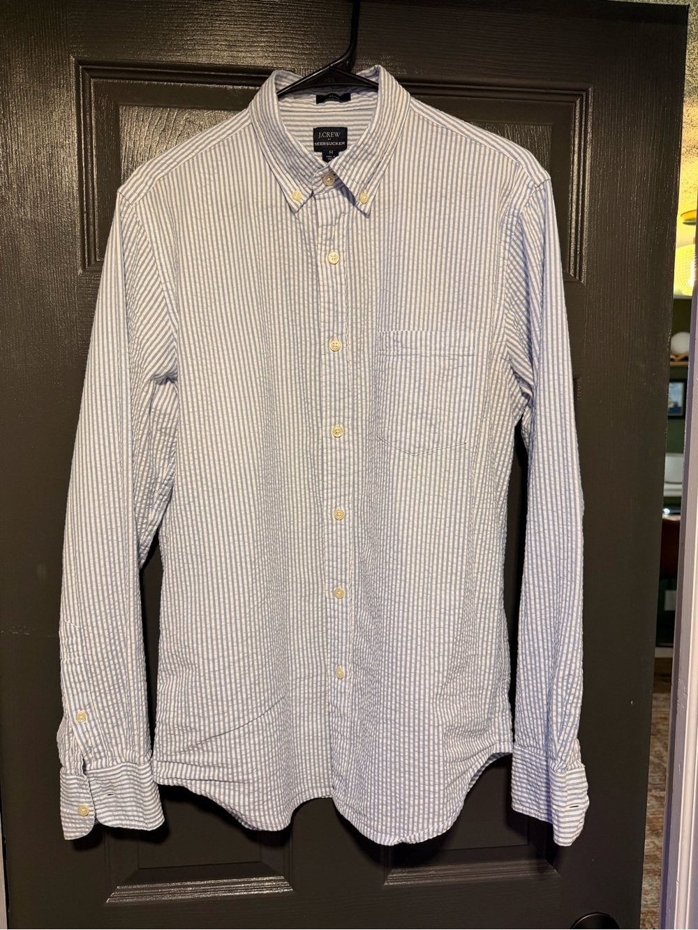 J. Crew Men's Blue and White Seersucker Button-Down Shirt